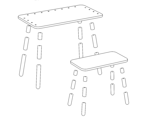 grafische Zeichnung der Bauteile der Füße bei growing table und beim Hocker zur Darstellung der Höhenverstellungvon pure position