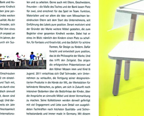 Auschnitt vom Magazin das beste für ihr kind mit einem Artikel vom growing table mit einem Bild vom growing table auf der rechten Seite und Text auf der linken Seite