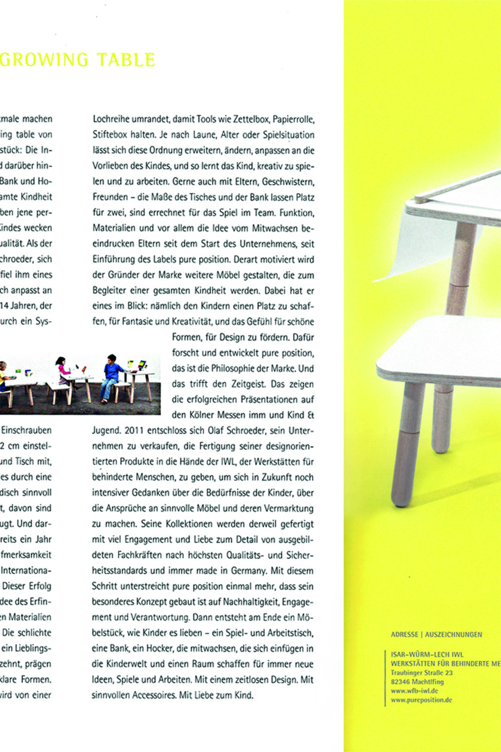 Auschnitt vom Magazin das beste für ihr kind mit einem Artikel vom growing table mit einem Bild vom growing table auf der rechten Seite und Text auf der linken Seite