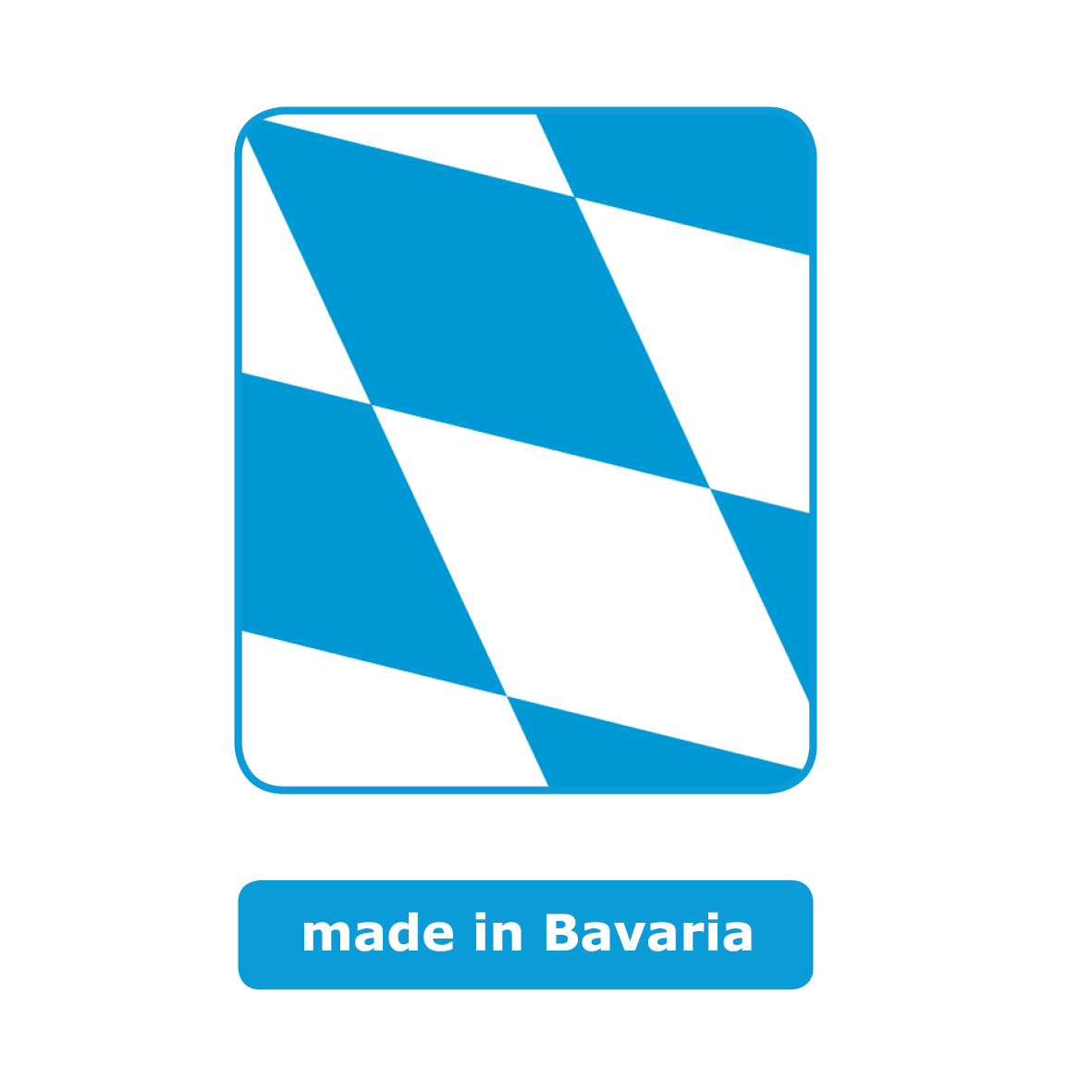 Viereckiges blau und weiß kariertes Symbol mit abgerundeten Ecken. Das Logo zeigt ein Ausschnitt von der bayerischen Flagge. Das Symbol steht für made in Bavaria