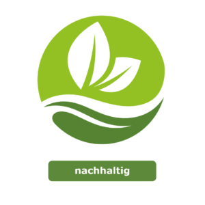 Ein grünes rundes Symbol mit weißen zwei weißen Blättern und einer weißen Welle in der Mitte. Das Logo steht für den Wert Nachhaltigkeit