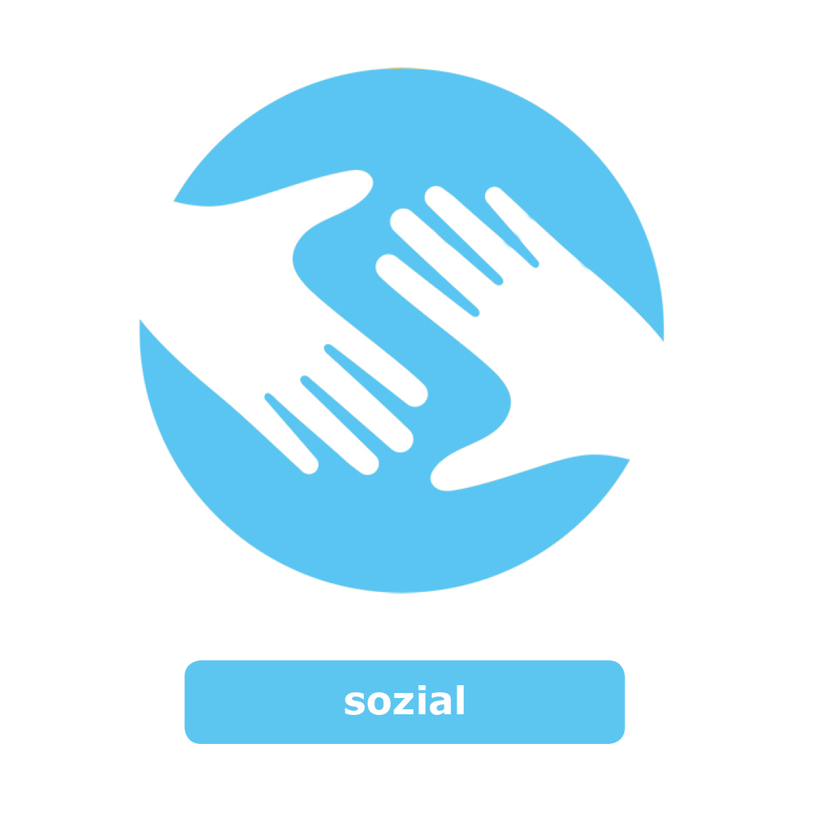 Ein rundes blaues Symbol mit zwei weißen Händen in der Mitte. Das Logo steht für den Wert Sozial